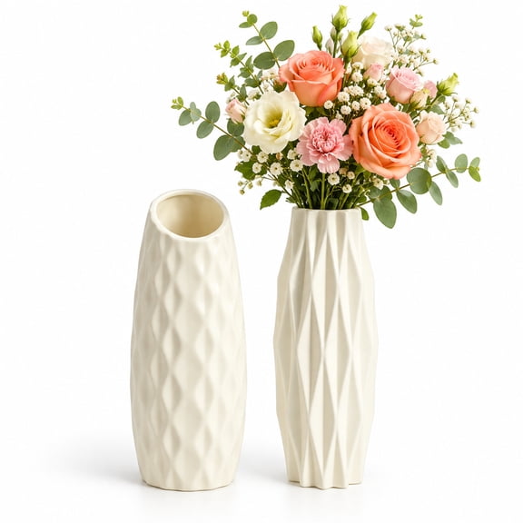 2 Pack White Decorative Vases for Home Decor – Modern Minimalist Faux Ceramic Plastic Flower Vases for Living Room, Table Centerpiece, Bedroom, Wedding & Office