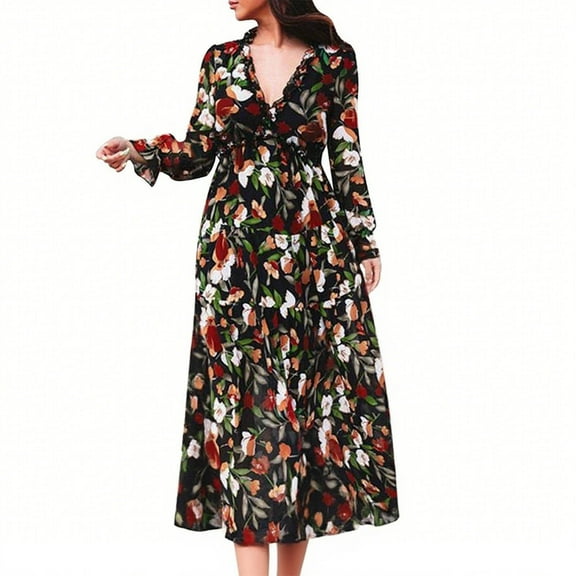 Drses‌‌ ‌‌Women's Boho Floral Maxi Dress - Long Sleeve Plunging V-Neck Casual Beach Wear