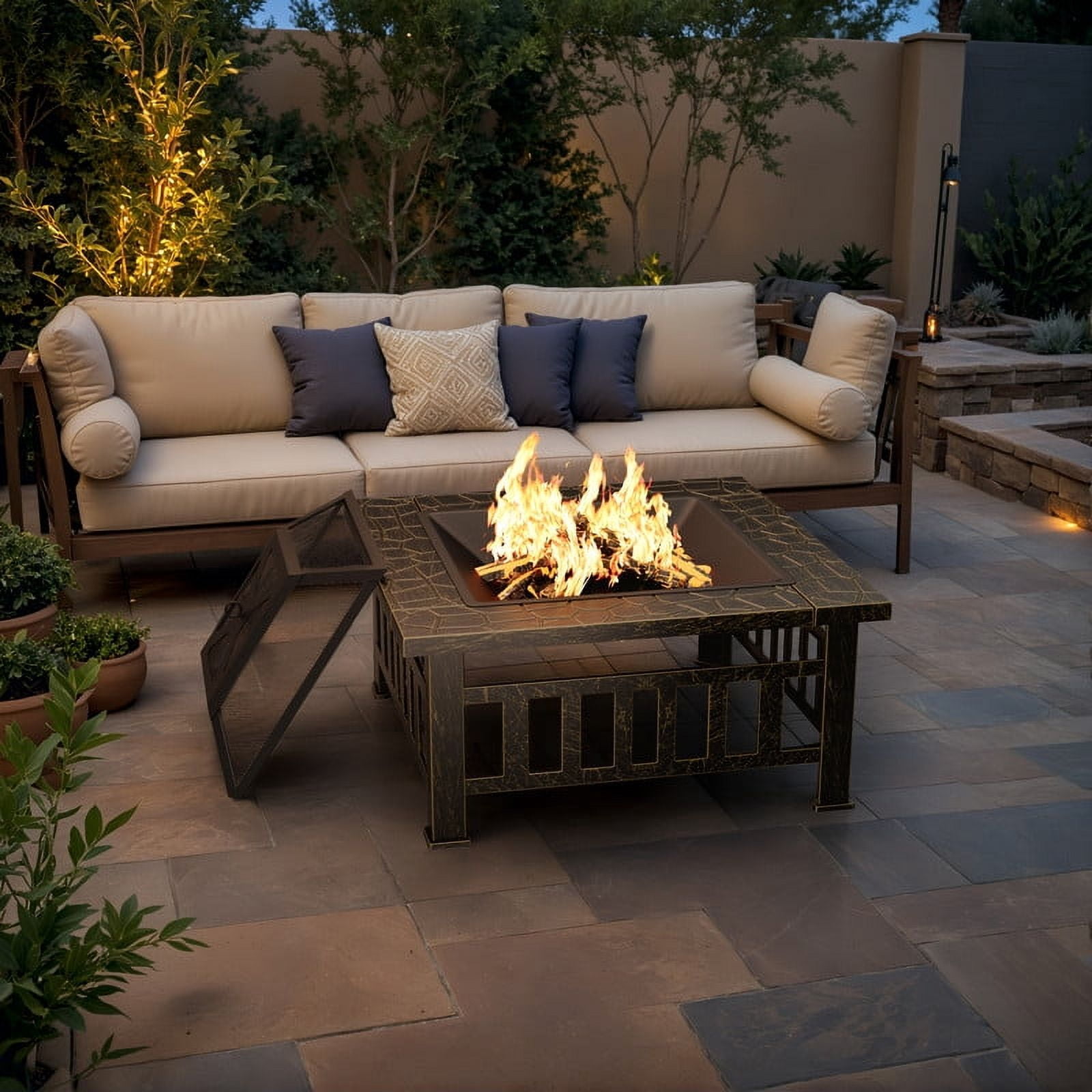 Devoko Outdoor 32" Square Metal Fire Pit with Cover and Poker, Gold