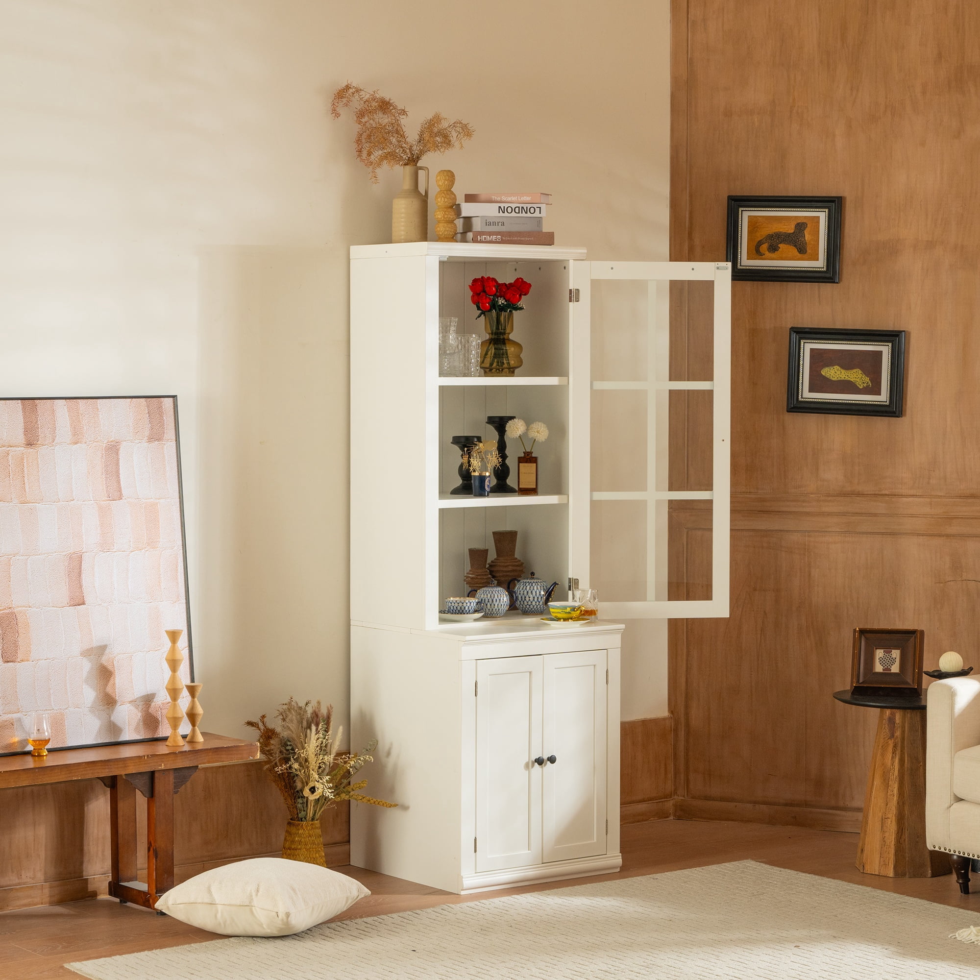 75" Tall Pantry Cabinet, Modern Kitchen Hutch with Glass Door, Adjustable Shelves, Countertop, Wood Buffet Cabinet, Cupboard for Living Room, Hallway