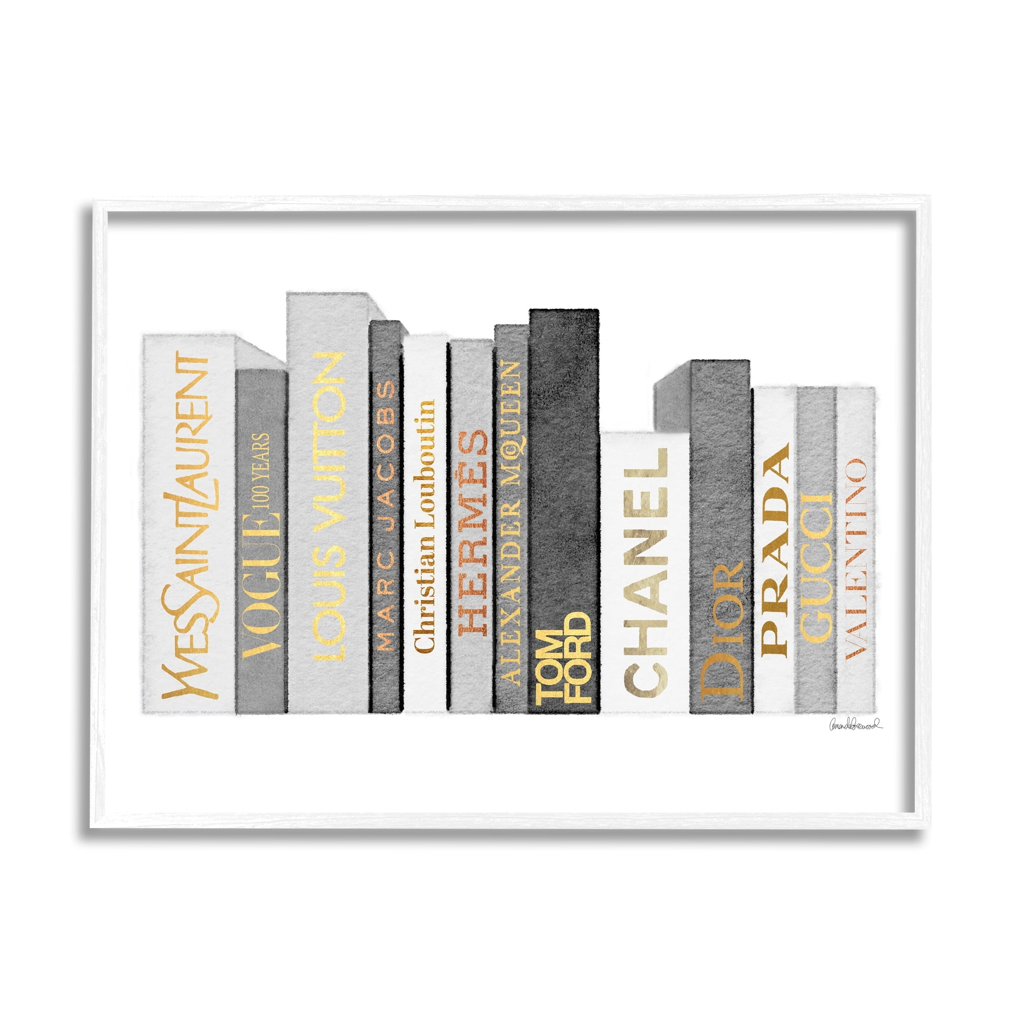 Stupell Industries Horizontal Fashion Book Stack Glam Grey Gold White, 30 x 24, Design by Amanda Greenwood