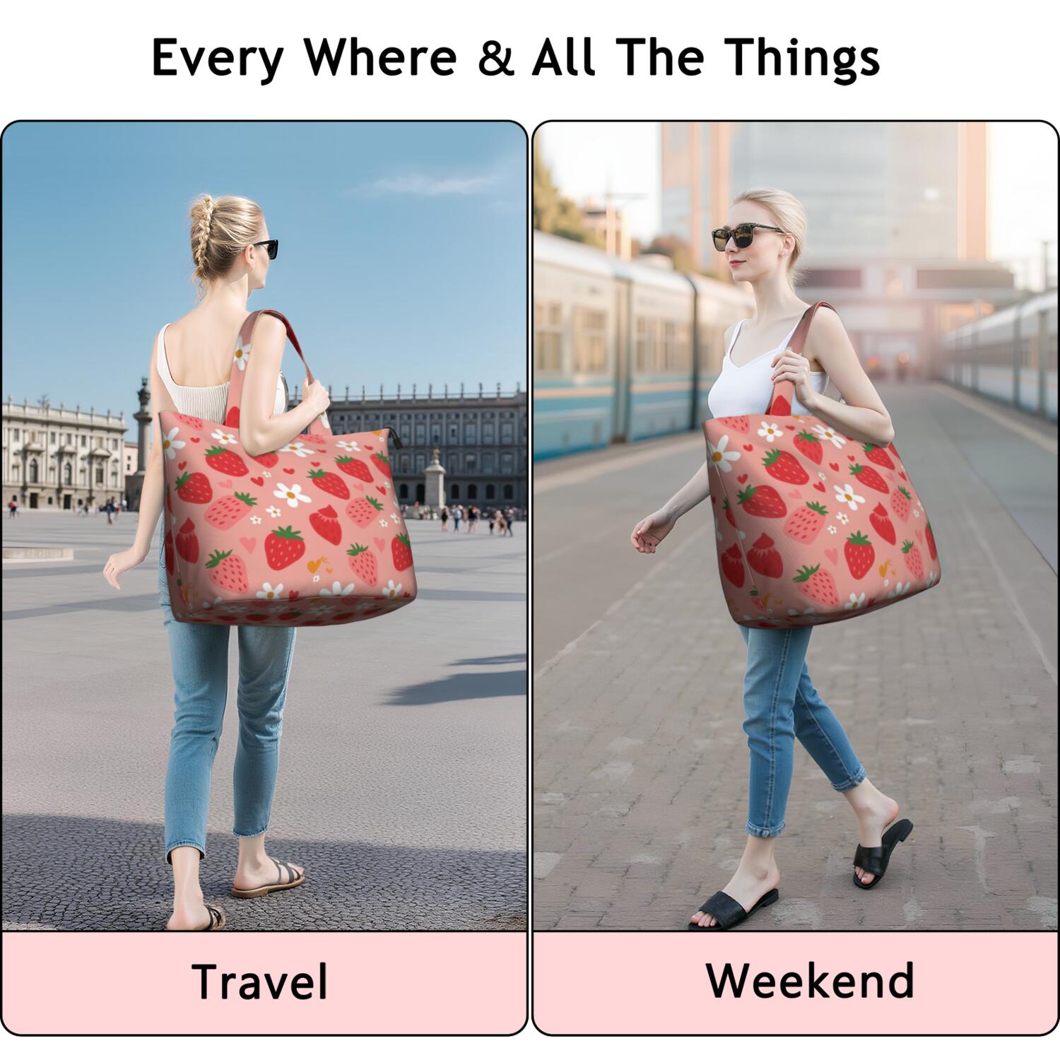 Strawberry Plants Fruit Flower Heart Travel Tote Bags for Women Carry On,Large Weekender Bags for Women Travel,Multi Functional Duffle Bag for Work,Shopping,Sports