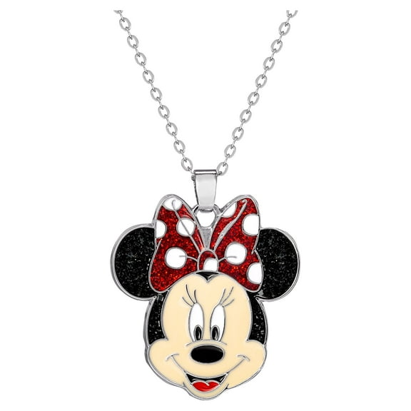 Disney-Minnie Mouse, Girl's/Tween Glitter Bow Pendant, 16"   2" Chain
