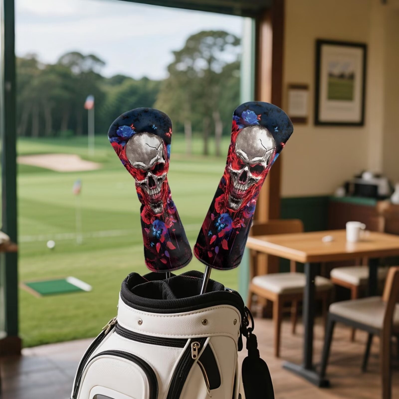 Uorisanigo Golf Headcovers Set Accessories, 3pcs Blue Butterfly Rose Skull Golf Club Head Covers - Golfs Driver Headcover, Fairway Wood Cover, Hybrid Cover - Headcovers for Club Protective