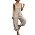 thumbnail image 3 of Women's Cotton Loose Fit Jumpsuit, Elastic Waist Casual Jumpsuit with Pockets, Solid Color Sleeveless, Lounge Beach Vacation & Outdoor Everyday Wear, Womens Rompers | UKHCCC,Beige L, 3 of 9