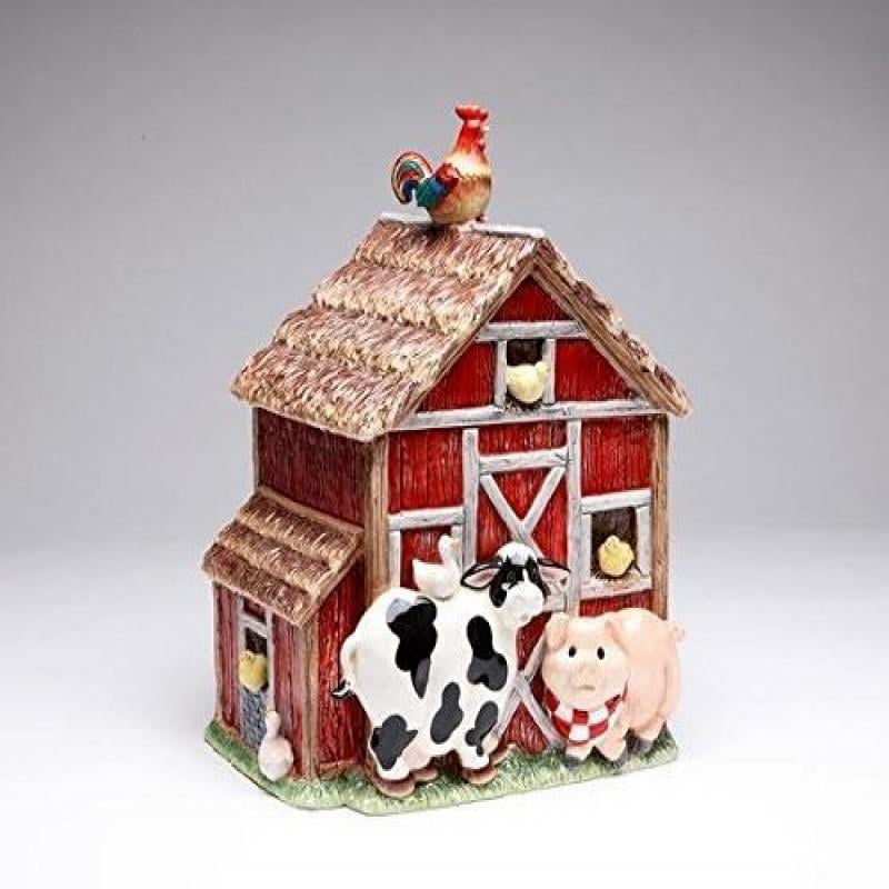 10.38 Inch Red and Brown Barn Cookie Jar with Farm Animals Walmart