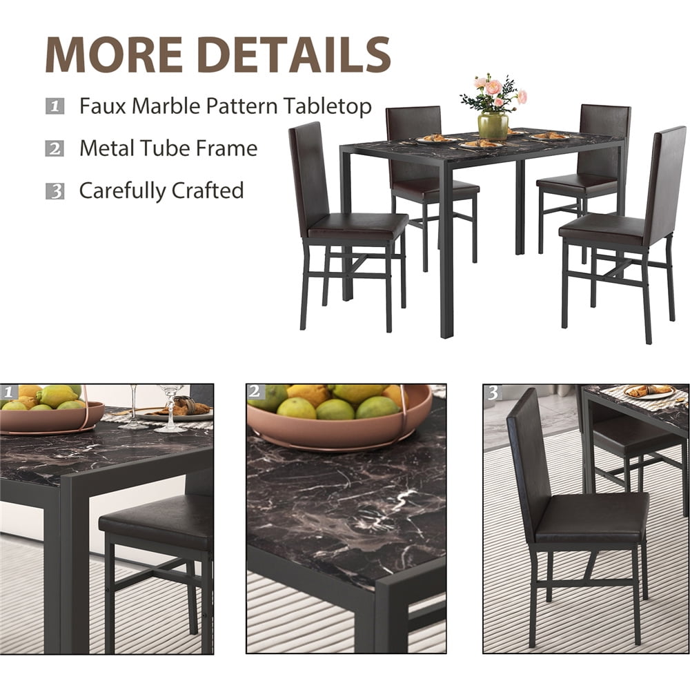UHOMEPRO Dining Table Set for 4, 5 Piece Dining Room Table Set with Black PU Leather Chairs, Brown Faux Marble Pattern Rectangle Kitchen Table Set for Breakfast Nook Small Space