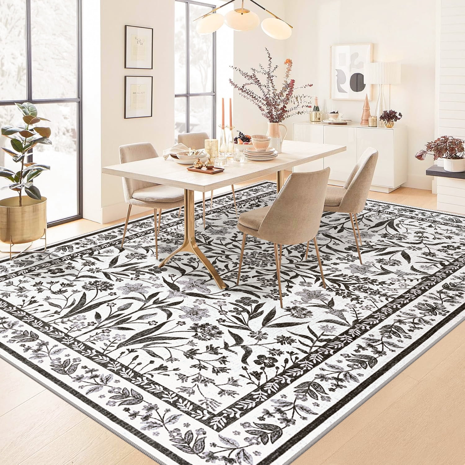 Astorug 6x9 Ft Black Floral Area Rug - Machine Washable Low Pile Non-Slip Carpet, Boho Vintage Farmhouse Decor for Living Room, Bedroom, Nursery & Office