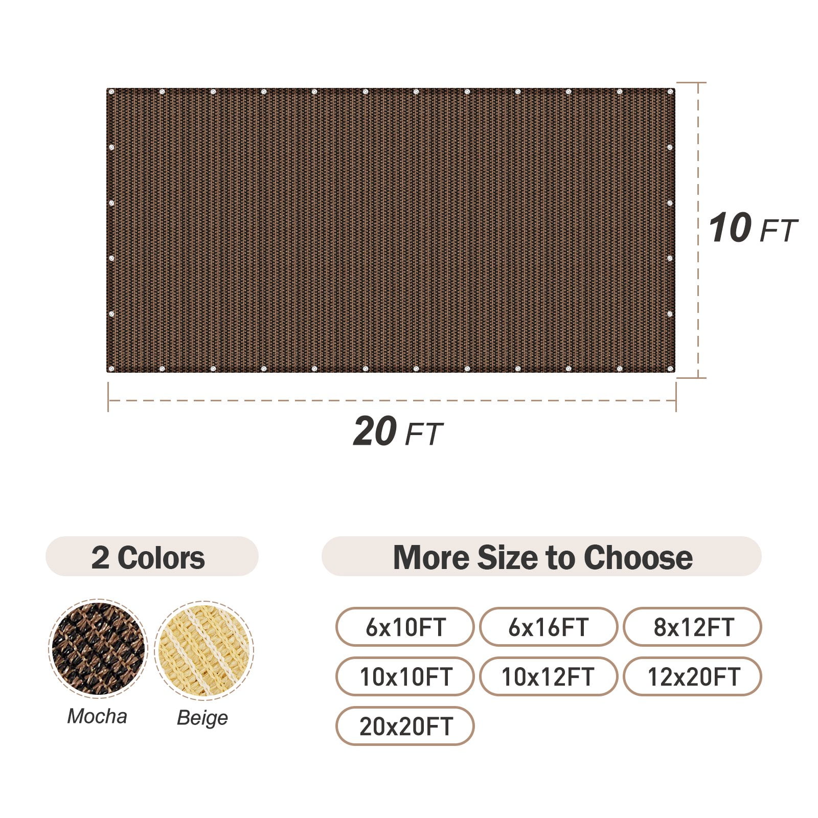 90% Sun Shade Cloth 10FTx20FT Mocha Pergola Shade Cover – Sunshade for Gardens, Patio, Balcony, High Density Polyethylene