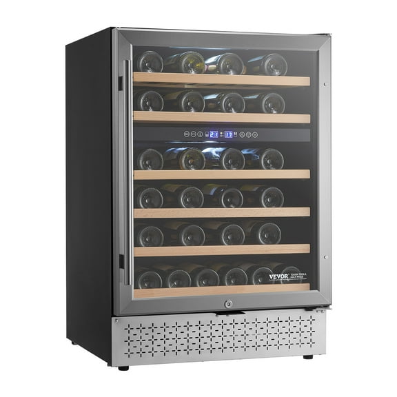 VEVOR Wine Cooler, 46 Bottle Dual Zone Wine Fridge, Built-in & Freestanding Fridge with Glass Door, Adjustable Shelves, Digital Temperature Control, Wine Cooler Refrigerator for Home, Office, Bar
