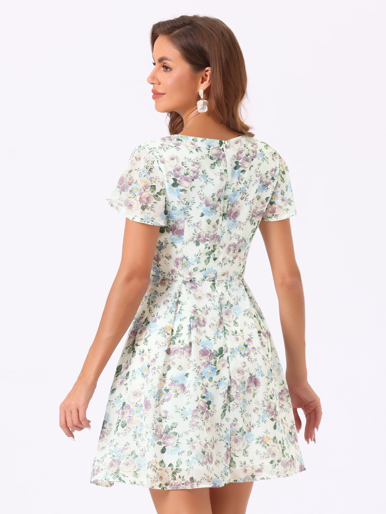 DARING DIVA Floral Flouncing Sleeve V Neck A-Line Chiffon Dress  XS Multicolor
