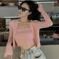 thumbnail image 2 of Women's Knit Striped Two-piece Tops Fashion Sexy Solid Color Sling + Long Sleeve Cardigan Coat, Pink, 2 of 8