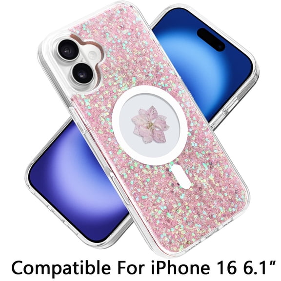 For Apple iPhone 16 (6.1") Magnetic Circle MagSafe Wireless Compatible Epoxy Glitter Flower Shiny Sparkle Bling Hybrid Slim TPU Cover ,Xpm Phone Case [ Rose Gold ]