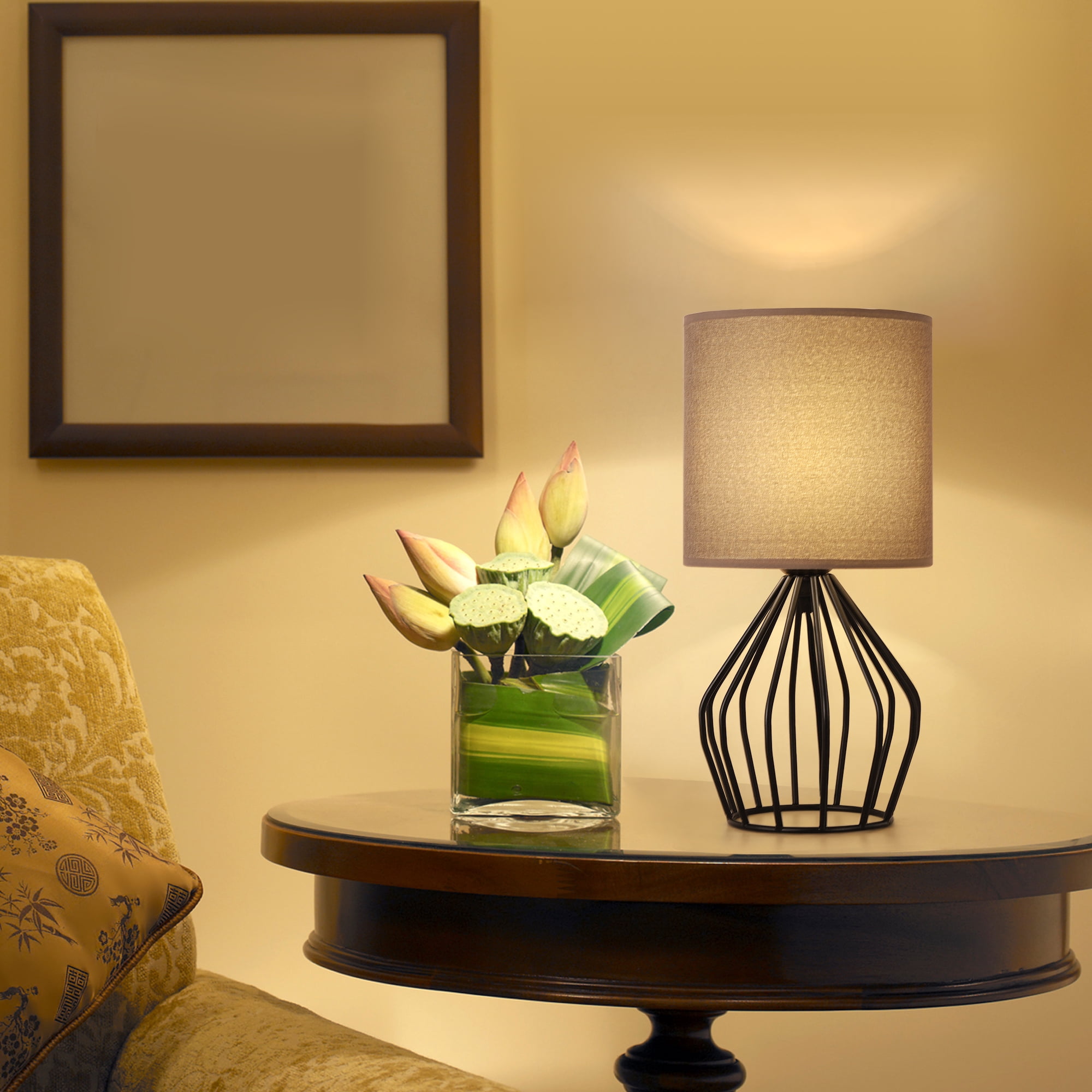 Black Farmhouse Table Nightstand Lamp Metal Cage with Hollow Base