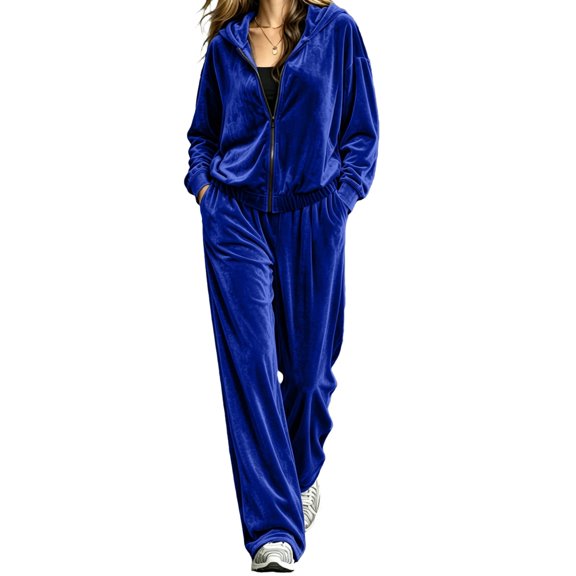 Women's Casual Tracksuit Sweatsuits 2 Piece Set Velvet Outfits Comfy Lounge Sets Sweatshirts and Sweatpants Blue M