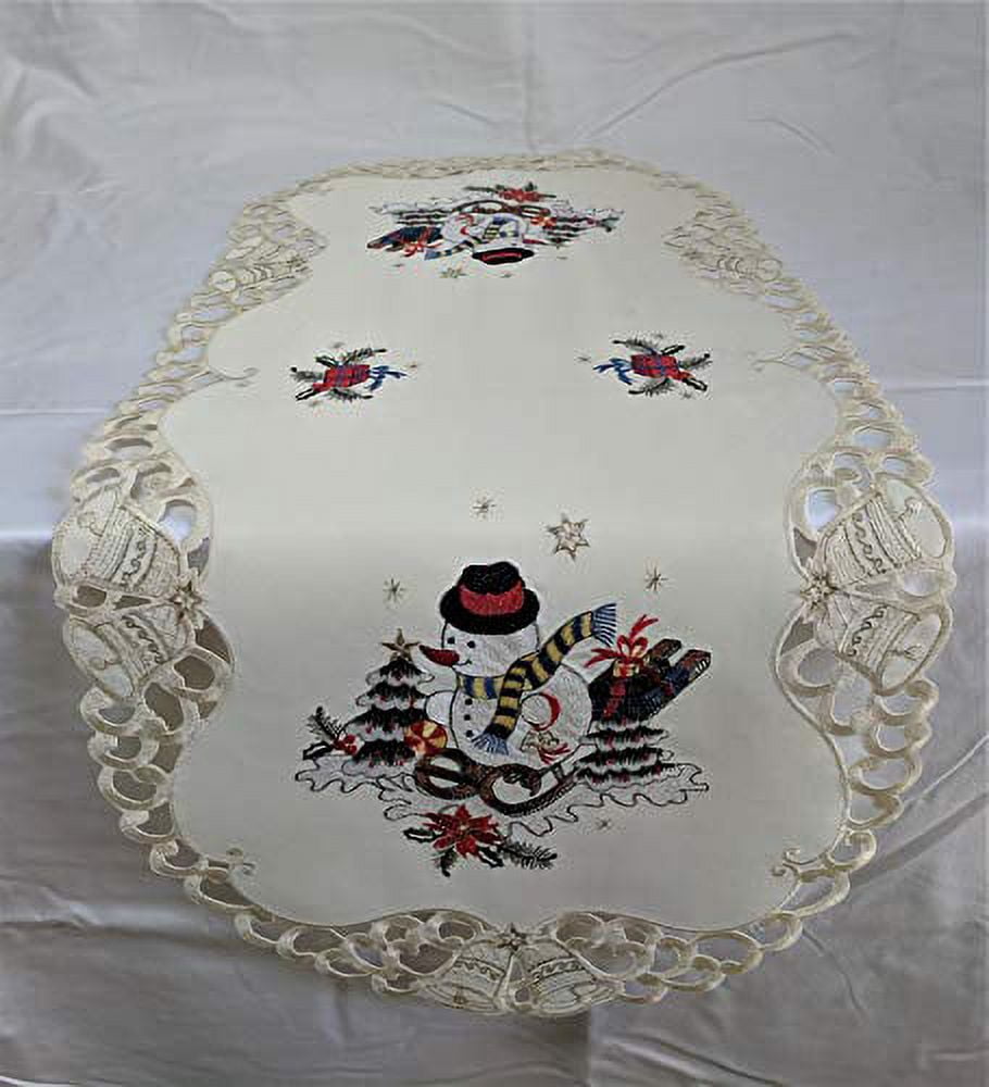 Doily Boutique Christmas Table Runner with a Snowman on Ivory Fabric Size 34 x 15 inches