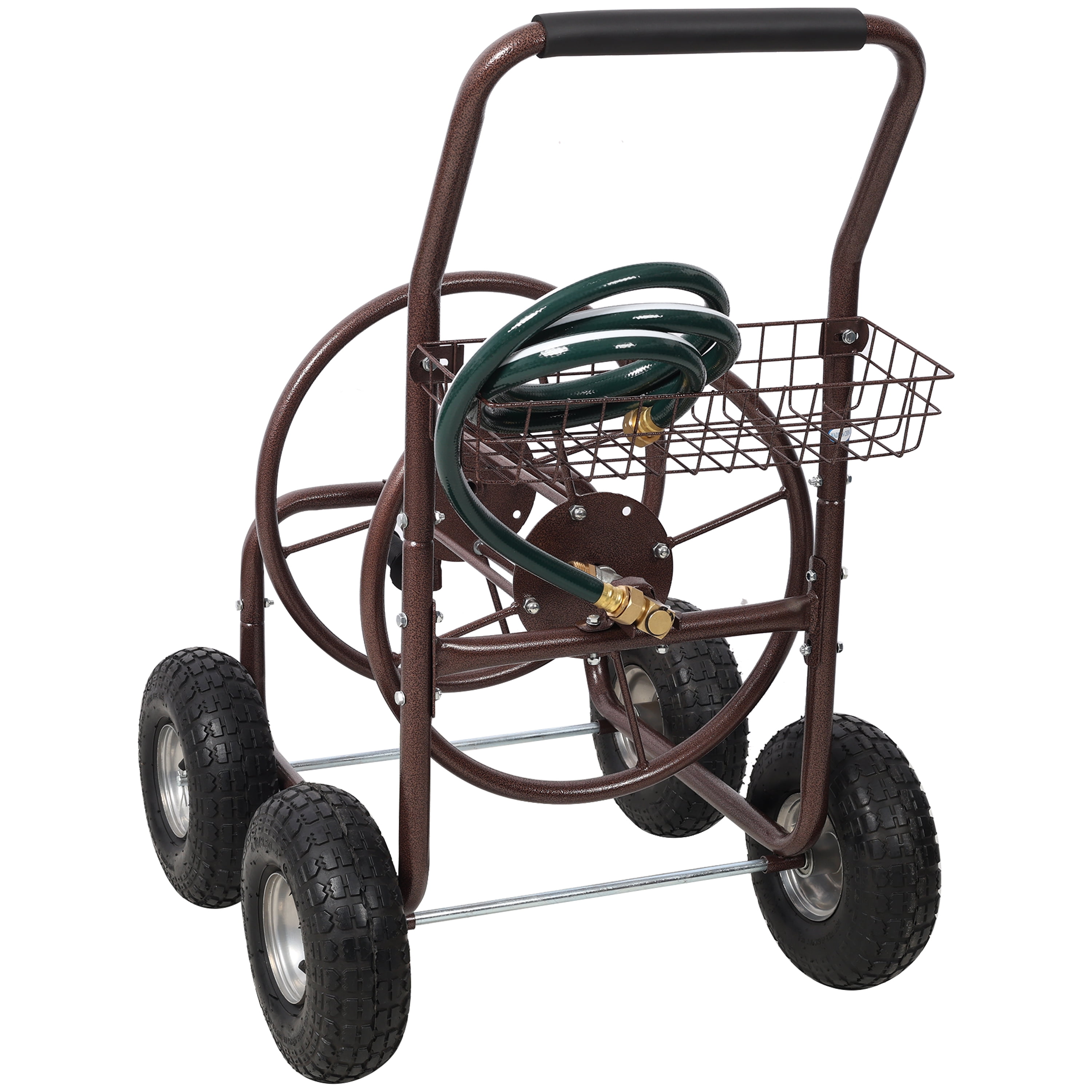 Bronze Steel Hose Reel Cart with Wheels - 31 in Length 250 Ft Capacity for Garden Watering and Storage