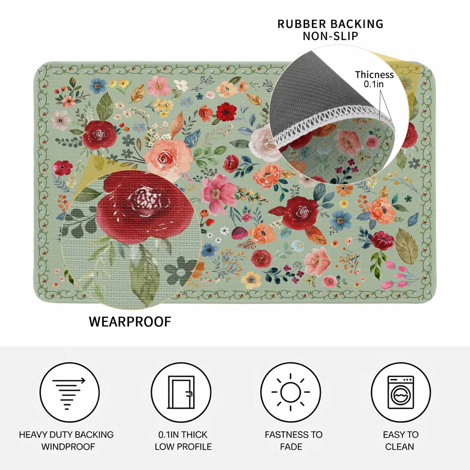 Sage Green Floral Doormat Outdoor Entrance 18"x30", Spring Flowers Leaves Farmhouse Absorb Moisture Dirt Door Mats, Non-Slip Rubber Backing Floor Mats Indoor, Low-Profile Front Door Rugs
