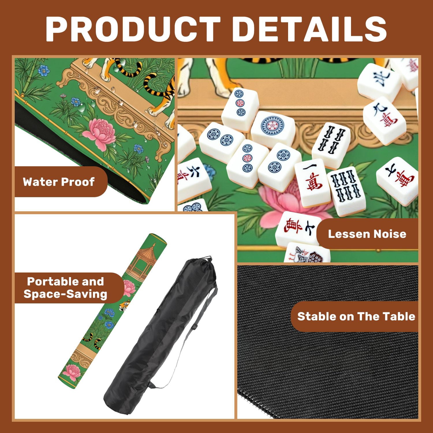 Mahjong Mat 31.5" x 31.5" Traditional Chinese Tigers Bamboo Floral Elements Green Non-Slip Noise Reduction American Mahjong Tiles Table Cover for Dominoes Poker Card Board Games Gift