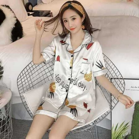 

PIKADINGNIS Short Sleeve Silk Pajamas Set Cute Flowers Print Sleepwear Summer Saft 4XL 5XL Spring Women Nightwear Casual Home Clother