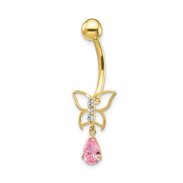 10k Yellow Gold Dangle Butterfly/pink Cubic Zirconia Cz Belly Button Rings Screw Navel Bars Body Piercing Naval