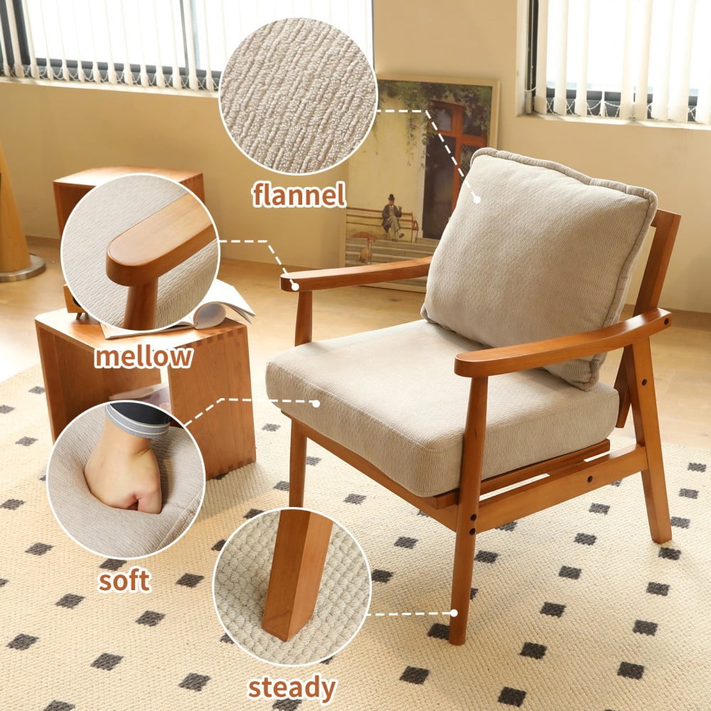 Accent Chair, Modern Upholstered Armchair with Soft Fabric Cushion & Solid Wood Legs, Cozy Reading Chair for Living Room, Bedroom & Apartment, Grey & Light Brown