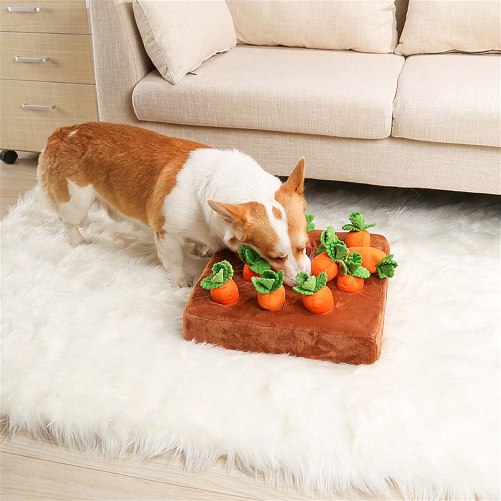 Dog Puzzle Toys Pull Carrot Toys,Interactive Mat with 9 Carrots for IQ Training,Boredom Relief Hide and Seek Plush Squeaky Toys for Puppies，As Shown