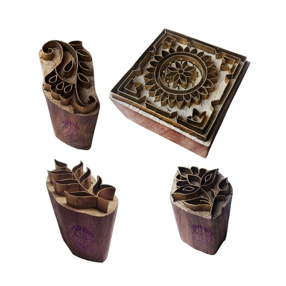 Royal Kraft Floral Brass Wooden Printing Stamps (Set of 4) - DIY Fabric, Clay, Pottery Blocks BHtag0003