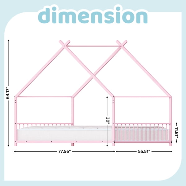 Pink Flat Bed House Shape with Side Guardrails Twin Children's Iron Bed