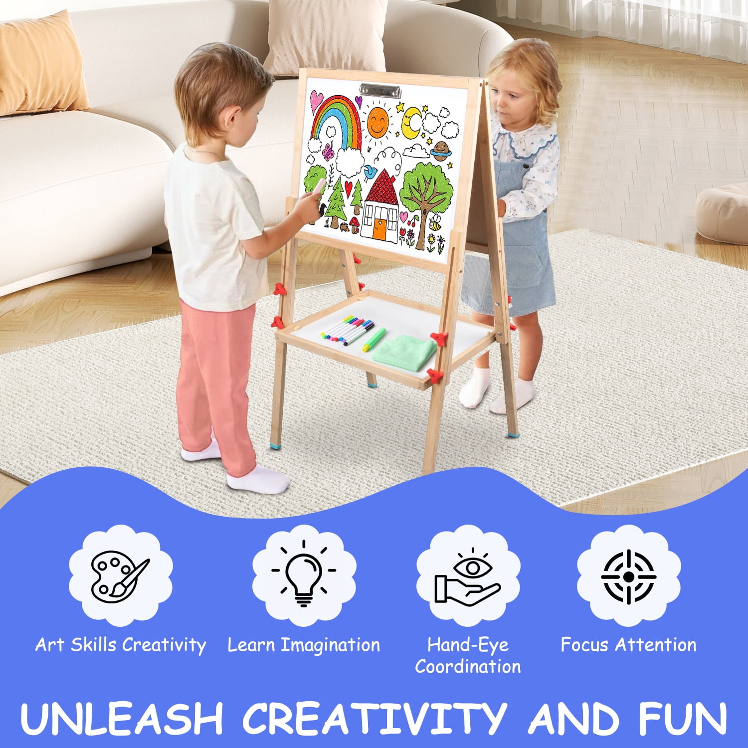 Xueyu 39" - 47.43" Adjustable Bamboo Children's Art Easel with Whiteboard, Chalkboard, Accessories and Tray
