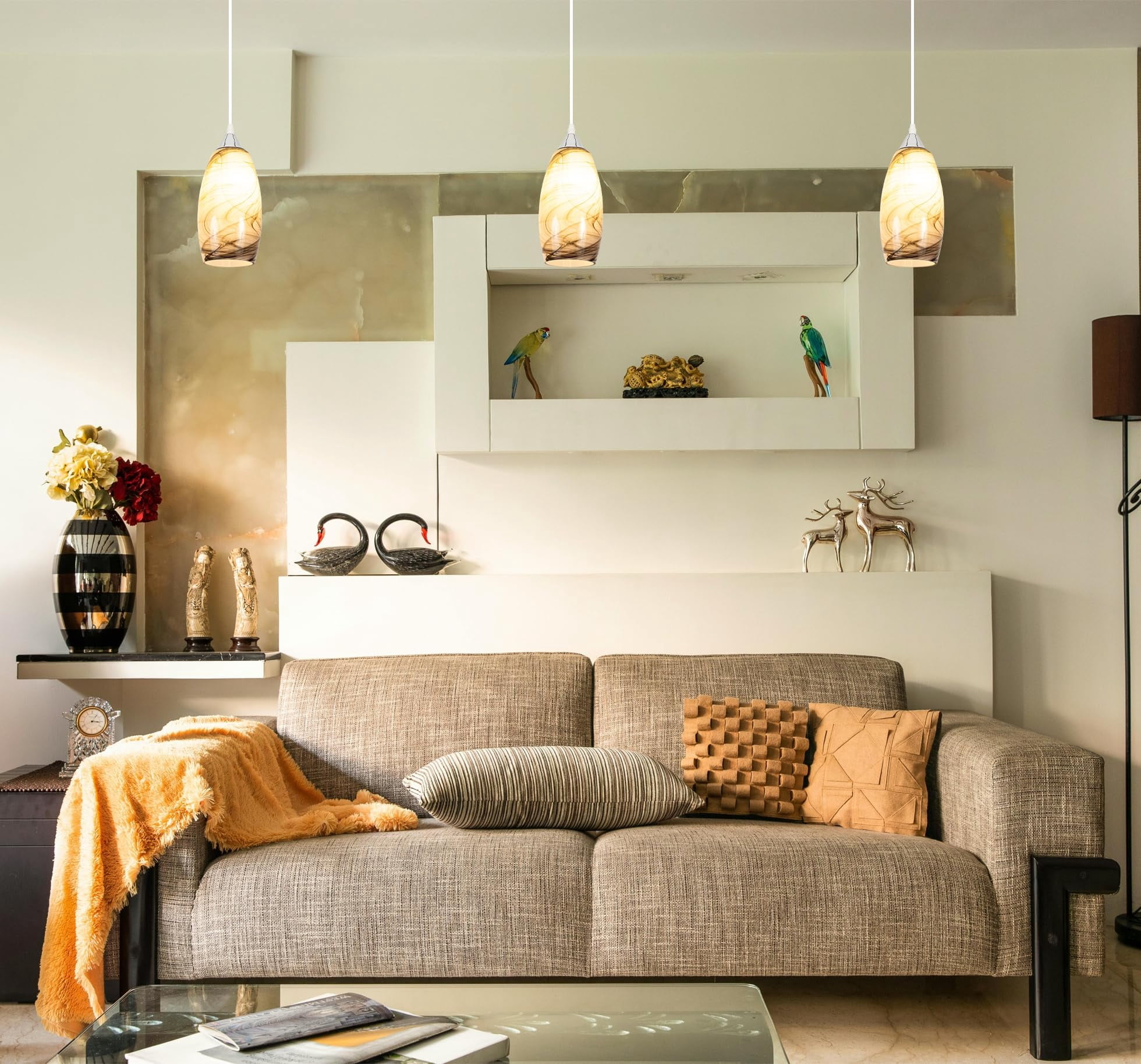 Kiven Plug in Pendant Light, Farmhouse Hanging Light Fixture with Remote and Art Glass Lampshade, E26 Socket Dimmable Pendant Lights for Bedroom Hallway Kitchen TB3232-D