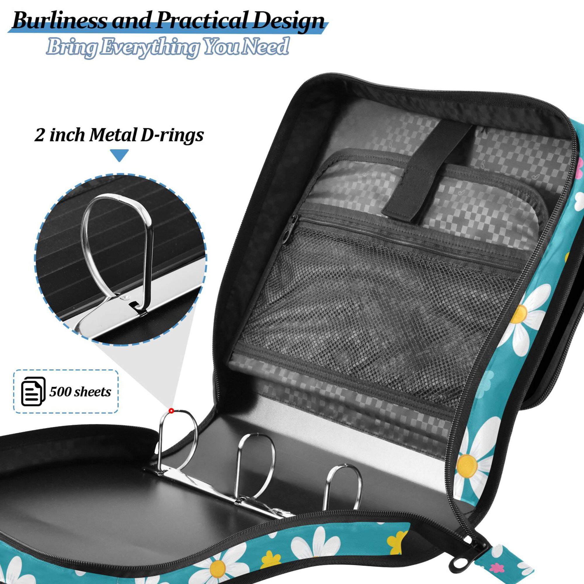 FORMRS Zipper Binder with Shoulder Strap 2-inch Ring 500 Sheet Capacity File Bag, Small Daisy