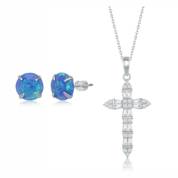 925 Sterling Silver Rhodium Plated Baguette Cubic Zirconia Cross Confirmation/Communion 18’’ Pendant Necklace including a 6mm Round Created Blue Opal Stud Earrings Jewelry Set