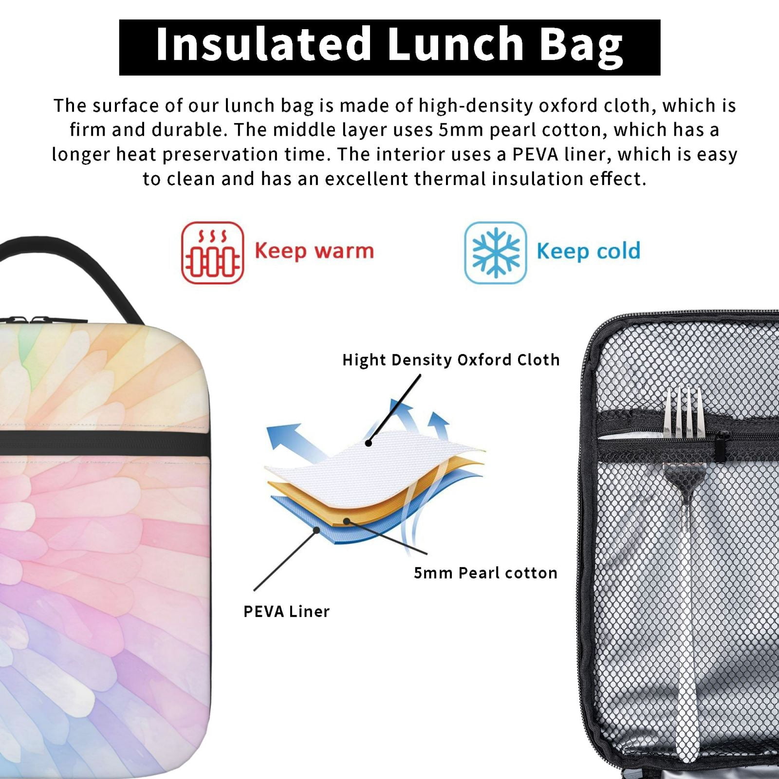 Lunch Bag For Women Men Insulated Portable Lunch Box Bento Box Office Picnic Travel Cooler Bag Gray Tie-Dye Background Rainbow Colors_4