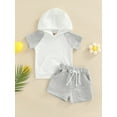 thumbnail image 2 of Qmyliery Baby Boys 2PCS Pants Set, Short Sleeve Color Block Hooded Tees + White Drawstring Short Pants, Toddler Boys Summer Casual Outfit,0-3 Years, 2 of 8