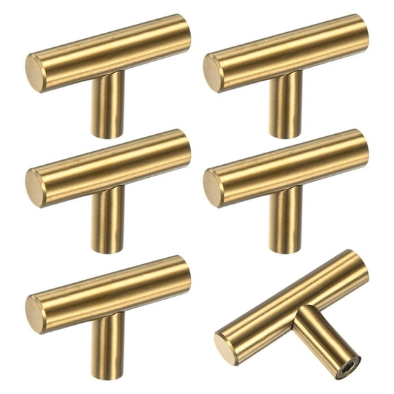 Uxcell 6-Pack Cabinet Pulls Knobs, 2" Modern Stainless Steel T Bar Knobs Single Hole Handles [Gold]