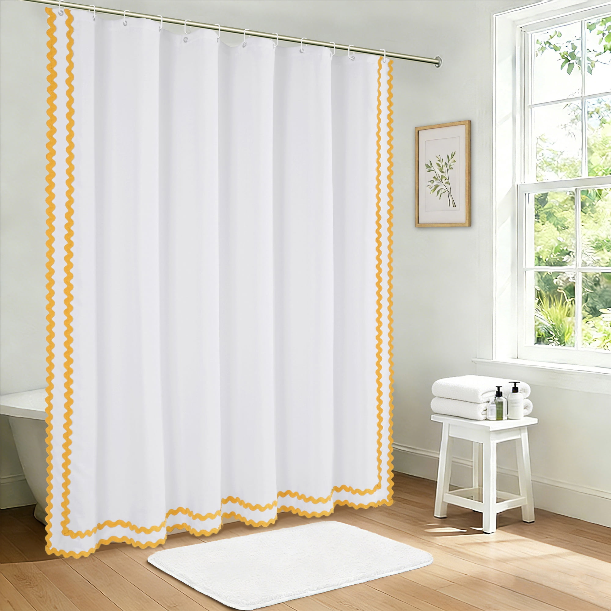 FRAMICS Yellow Scalloped Shower Curtain Sets with Rug, 14 Piece Fabric Bathroom Sets with Hooks, Heavy-Duty & Waterproof, 72" x 72"