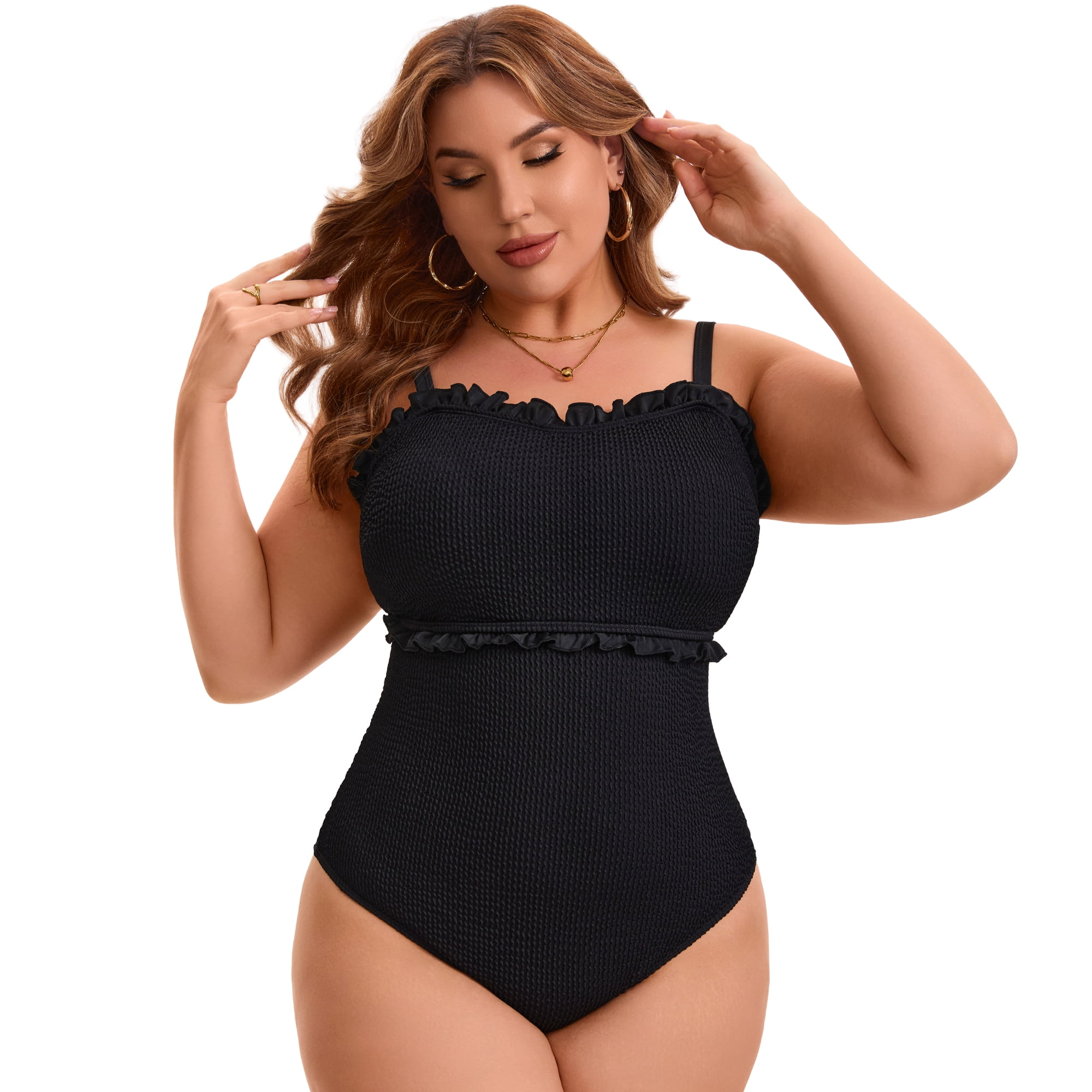 DARING DIVA Women's Plus 1 Pc Bathing Suit Ribbed Monikini Tummy Control 2X Black