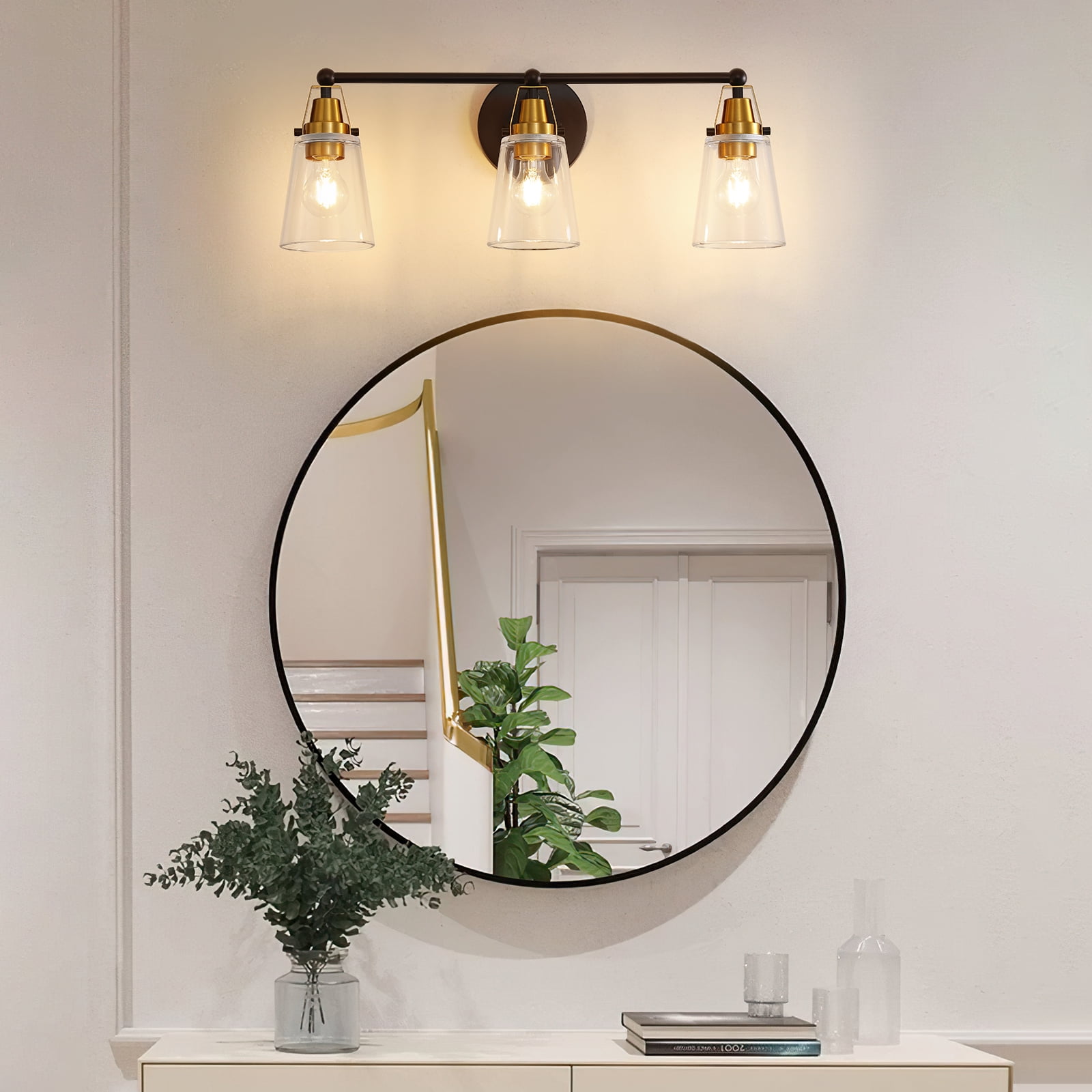 Modern 3-Light Black & Bronze Bathroom Vanity Light with Clear Glass Shade - E26 Wall Sconces for Living Room, Bedroom, Hallway (Bulb Not Included)