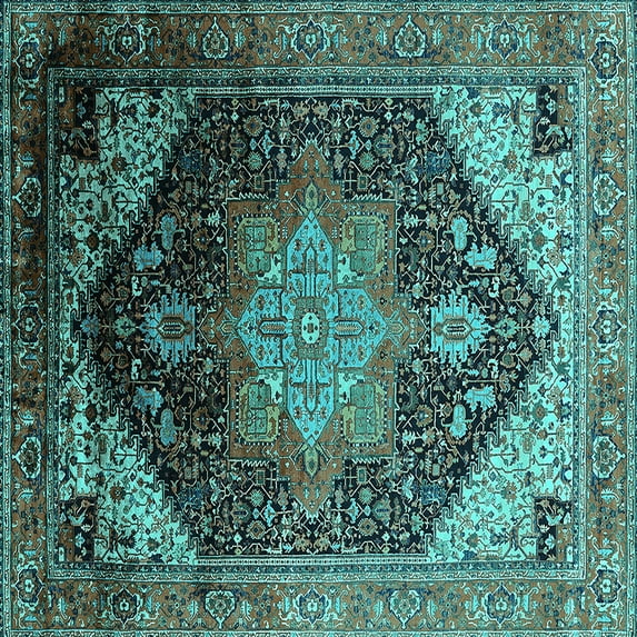 Ahgly Company Indoor Square Oriental Turquoise Blue Industrial Area Rugs, 7' Square