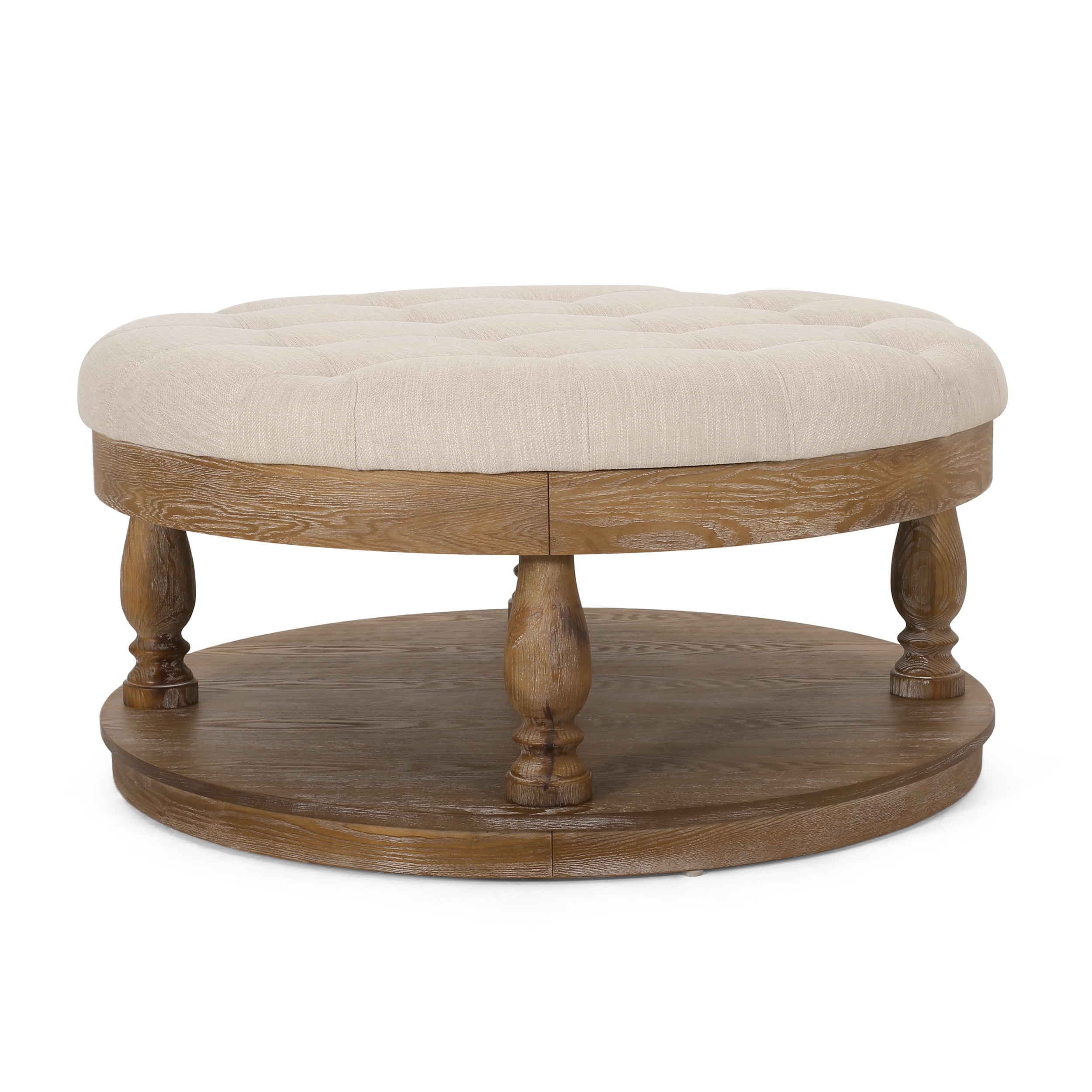 Noble House Levana Fabric and Wood Ottoman, Beige, Weathered