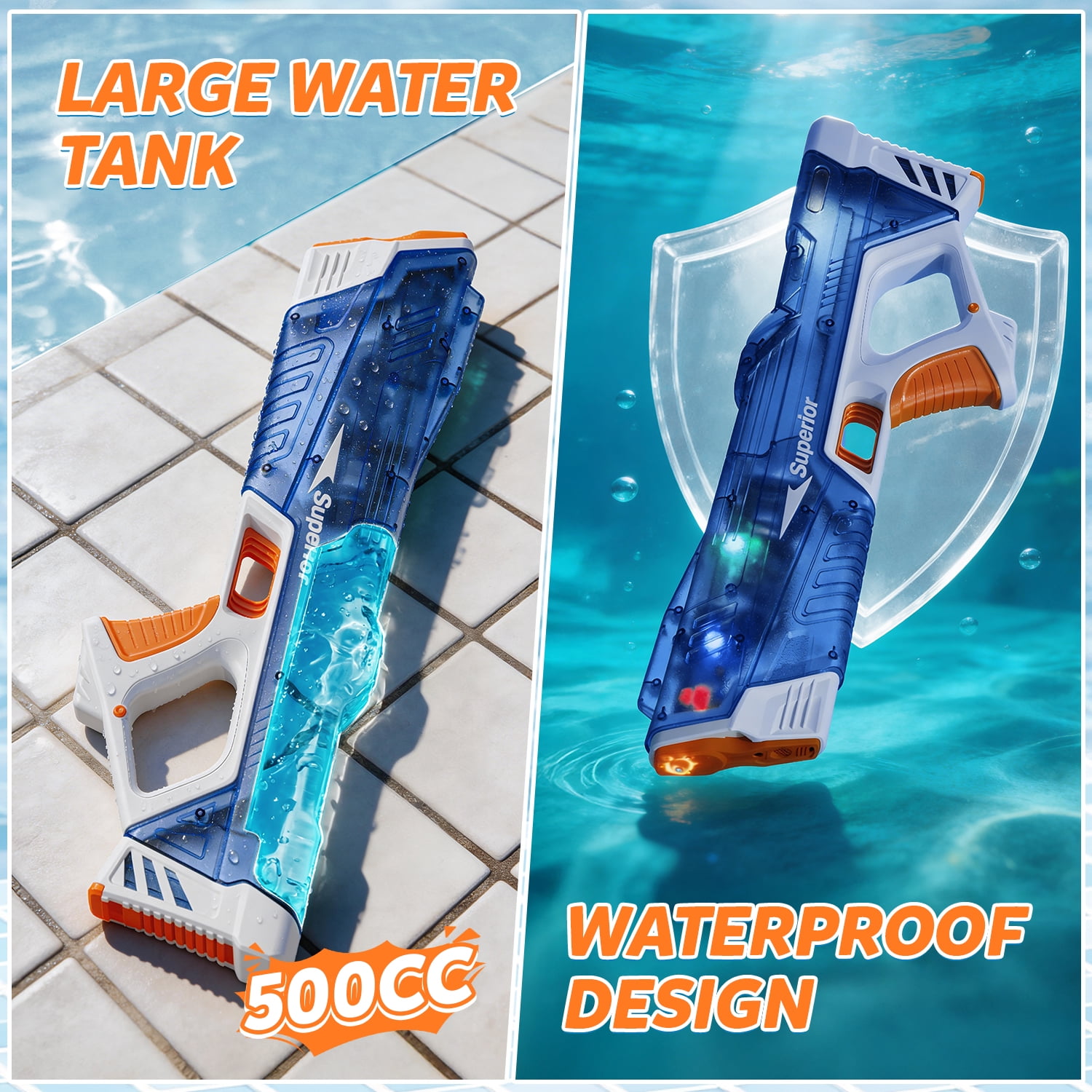 WonderStone Electric Water Blaster, Modular Battery Powered Automatic Waterproof Water Machine with Light, 32 Ft Long Range, Pool & Beach Outdoor Party Toy for Kids Ages 8–12, Blue