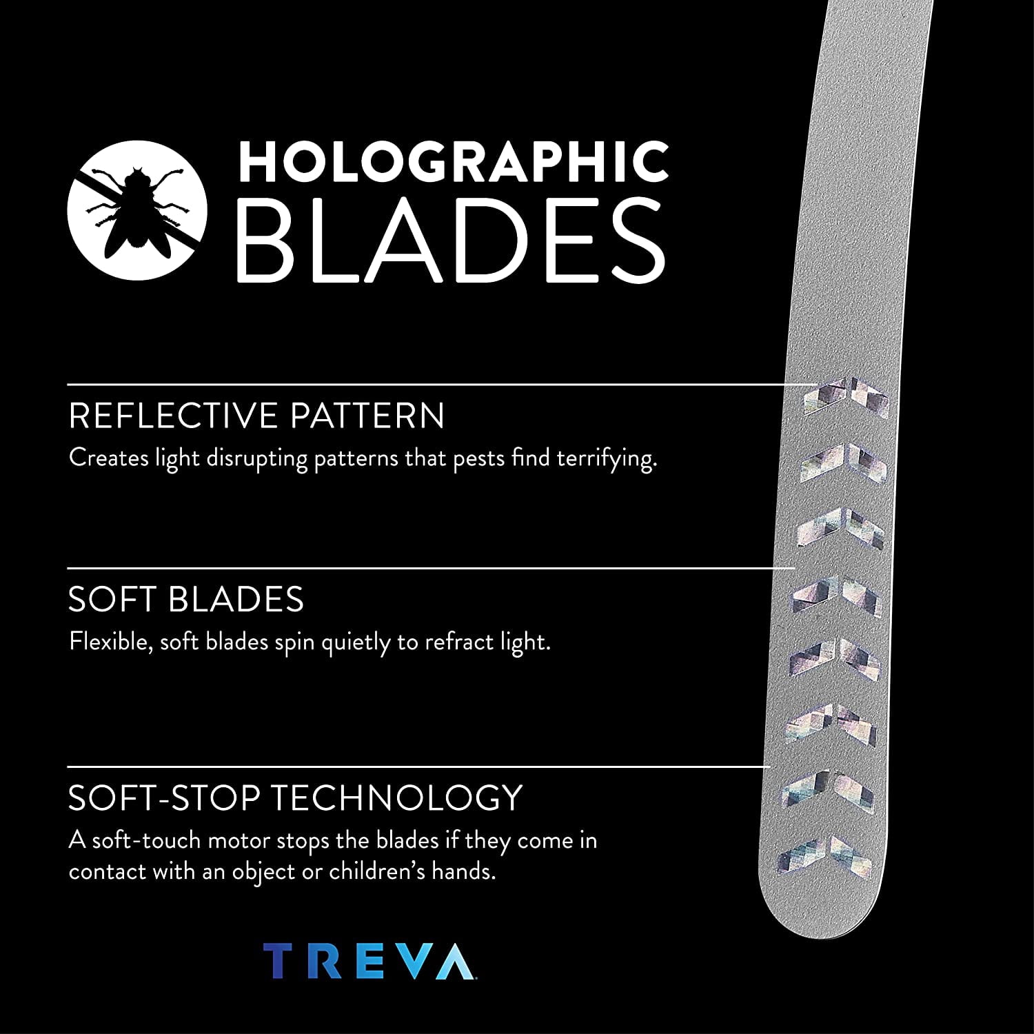 Treva Chemical Free Bug Fan Fly Deterrent with Holographic Blades to Clear Bugs, Mosquitoes, and Flies, Battery Powered Fly Fan - Dark Blue