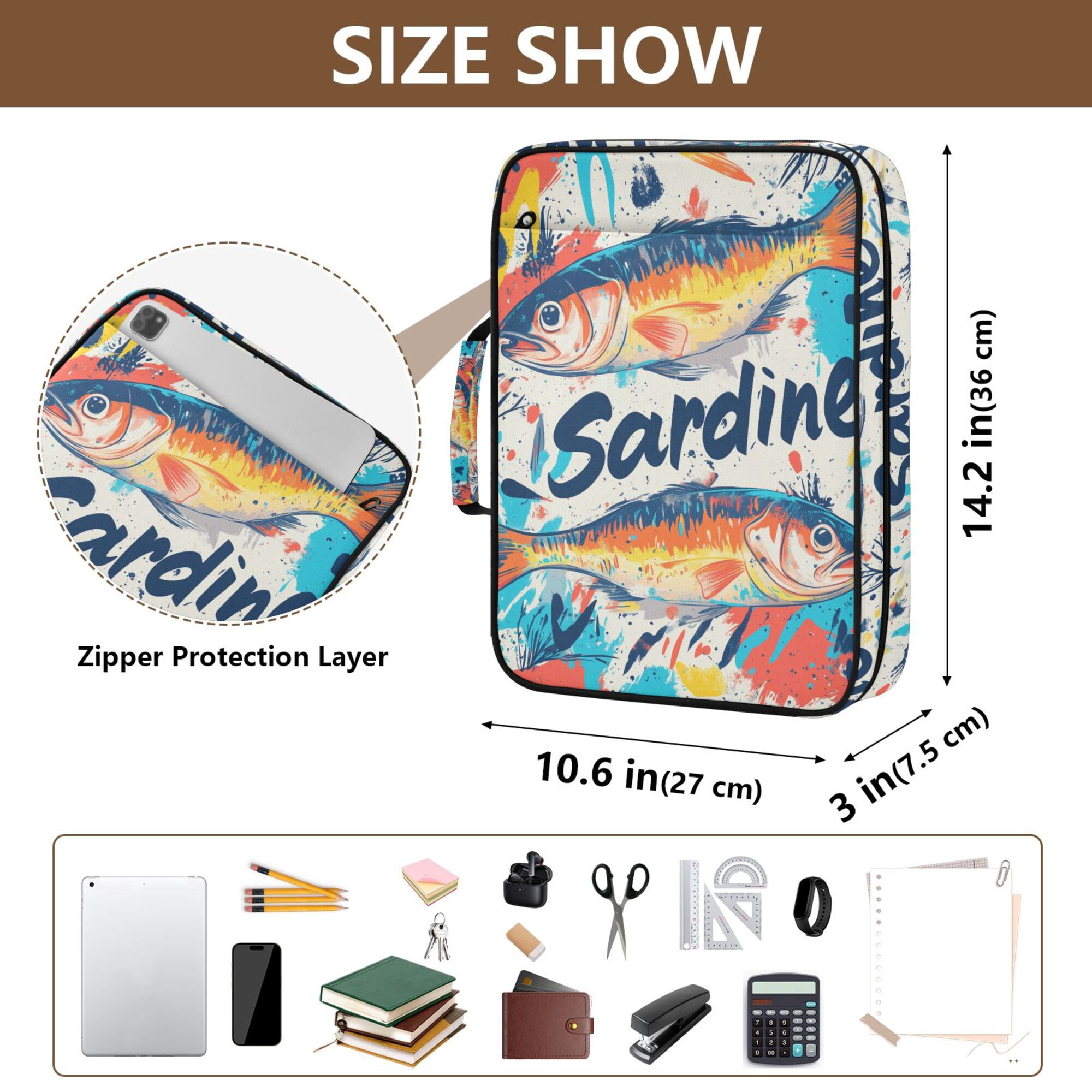 FORMRS Accordion File Folder A4 Size 7-Pocket Expanding Document Organizer Bag with 3 Ring Binder, Yellow Sardines Pattern
