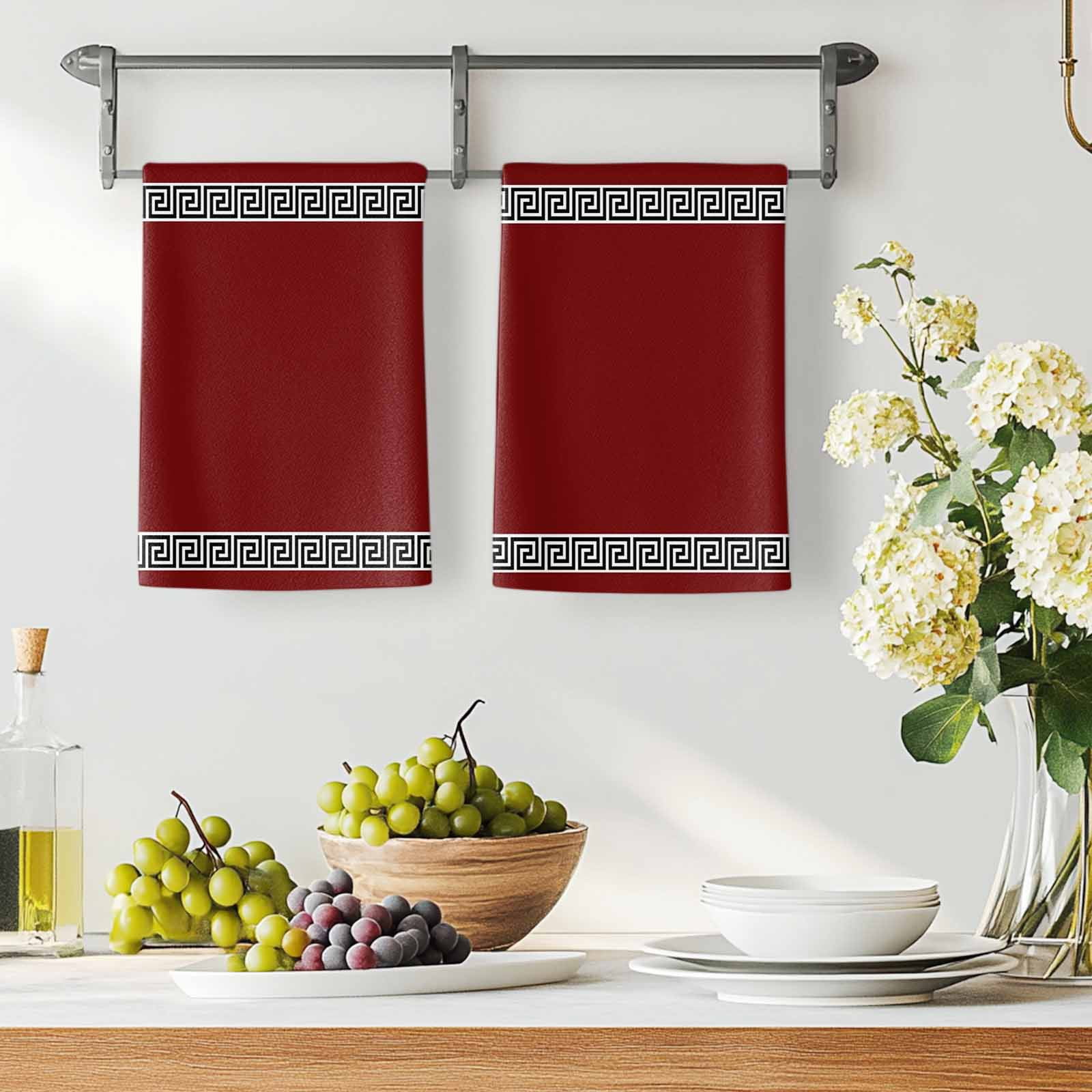 Dish Towels, Geometric Greek Key Design Absorbent Kitchen Towels 2 PCS, Red Microfiber Hand Towels Dish Cloths Tea Towels for Home&nbsp;Bathroom Cleaning Drying,18X28-Inch,