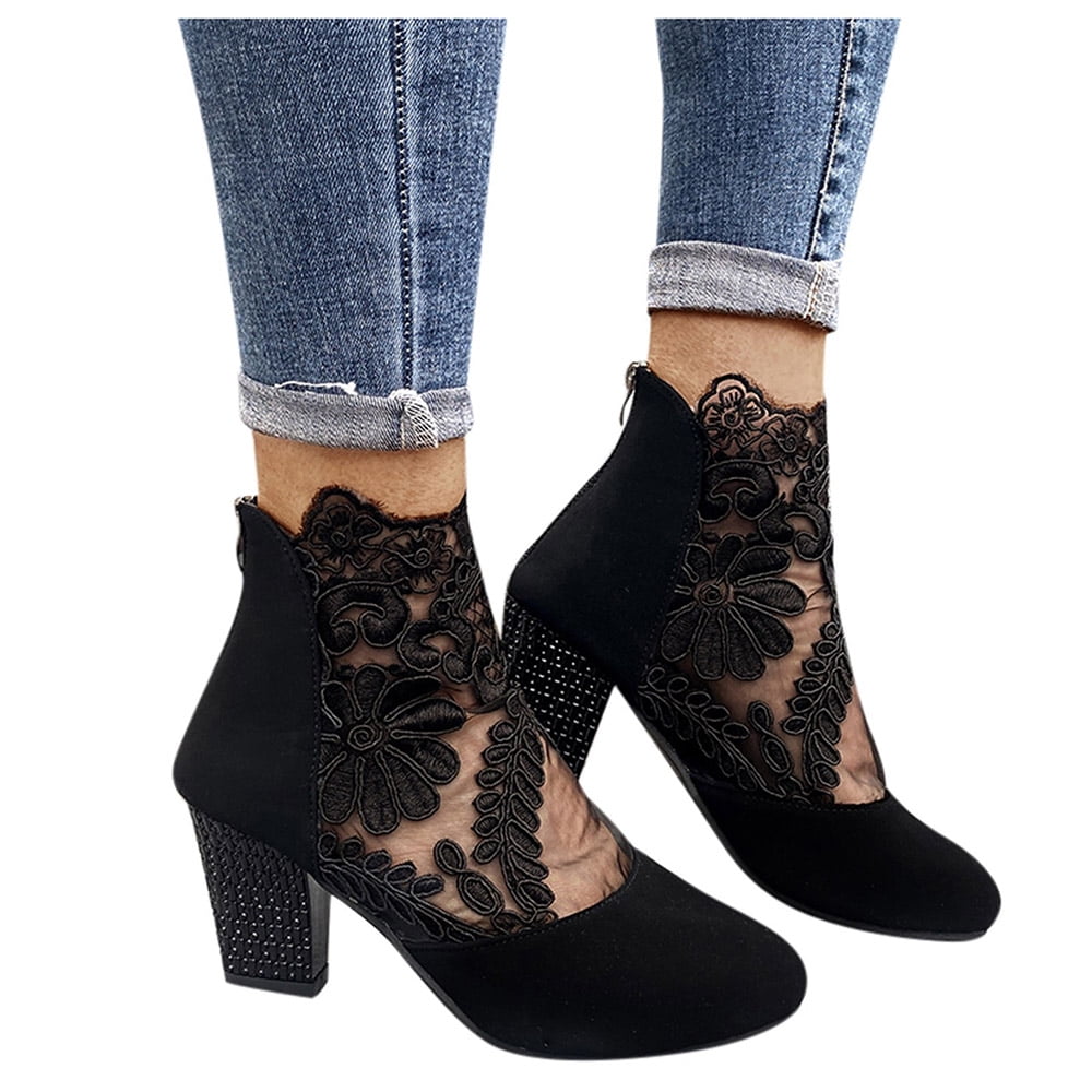 TopLLC Chunky Heels for Women Comfy Net Yarn Breathable Floral High Heel Sandals with Zipper Summer Ethnic Style Platform Heels Party Wedding Shoes Walmart
