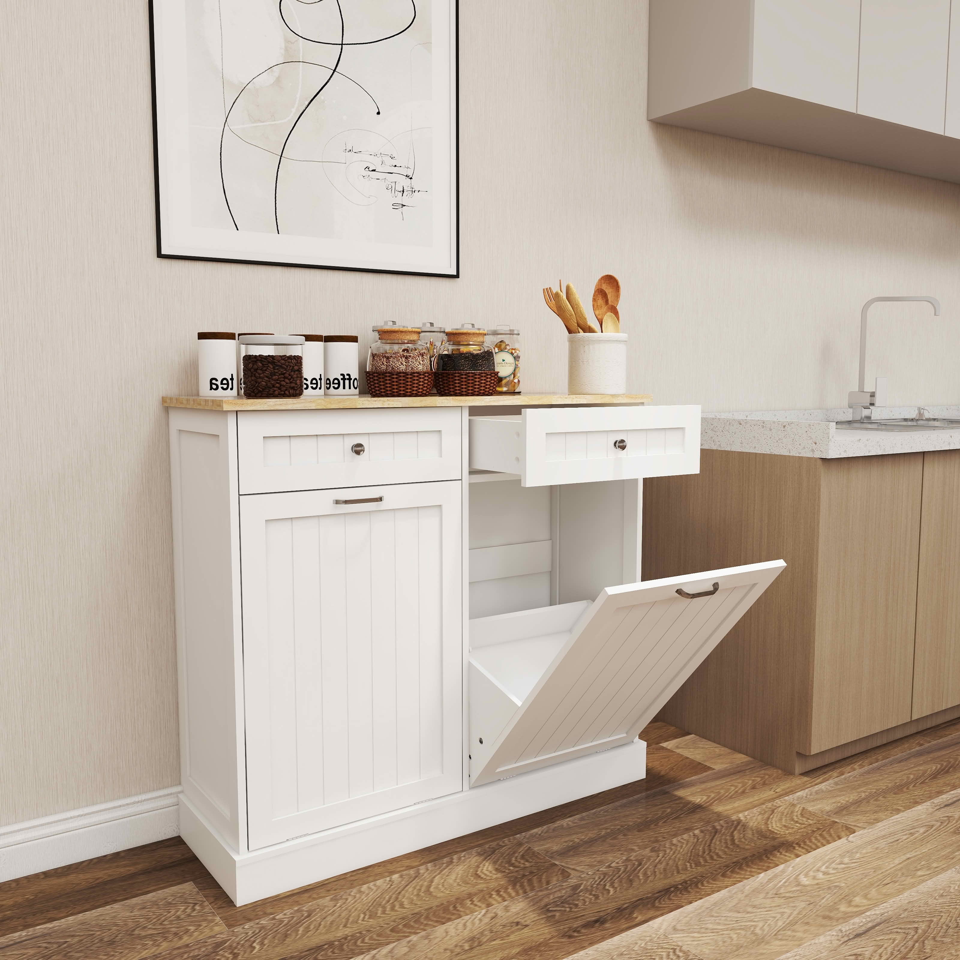 MAYEERTY Two Drawers Two-Compartment Tilt-Out Trash Cabinet for Kitchen White
