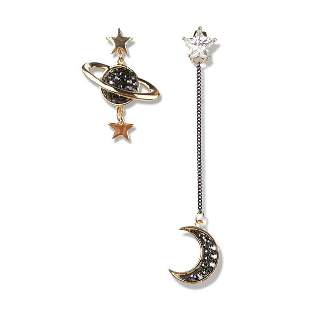 Pendientes asimétricos para mujer, diferentes formas, diseño de planeta y luna, dorados.