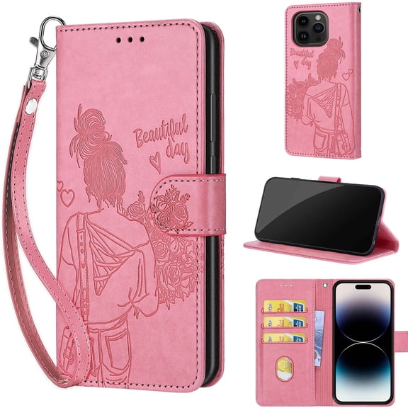 Embossed Pattern Wallet Case for iPhone 15 Pro Max, Flip Luxury PU Leather Case with Card Holder Wrist Hand Strap, Full Body Shockproof Protection Stand Folio Cover for iPhone 15 Pro Max, S5pink