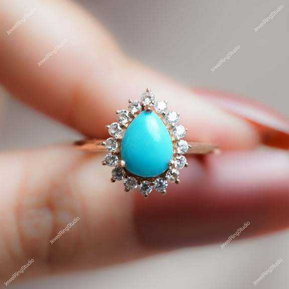 Pear Turquoise Ring December Birthstone Ring Diamond Ring Silver Gold Wedding Anniversary Gift